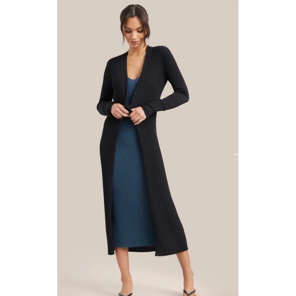 Modern Citizen Malin Long Button Front Cardigan L Black Ribbed Duster Minimalist